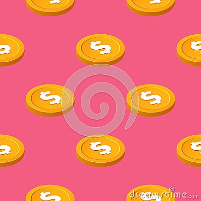 Gold cent bucks coins vector seamless pattern. Isometric golden usd money chips on pink background Stock Photo