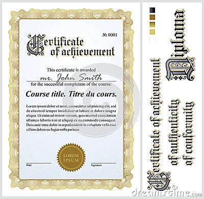 Gold certificate. Template. Vertical. Vector Illustration