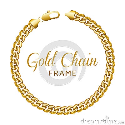 Gold chain round border frame. Wreath circle shape with a lobster lock. Vector Illustration