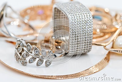 Gold chain snake netting and silver ruby ring Stock Photo