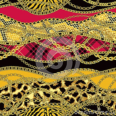 Gold chains with animal fur and scottish tartan Vector Illustration