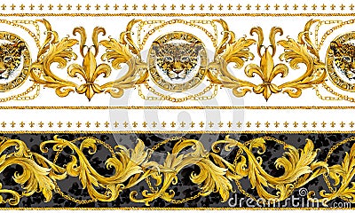 Gold chains seamless border. luxury illustration. golden leopard head and lace. damask pattern design. Cartoon Illustration