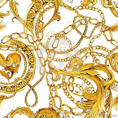 Gold chains seamless pattern. luxury illustration. golden love design. luxury jewelry. Cartoon Illustration