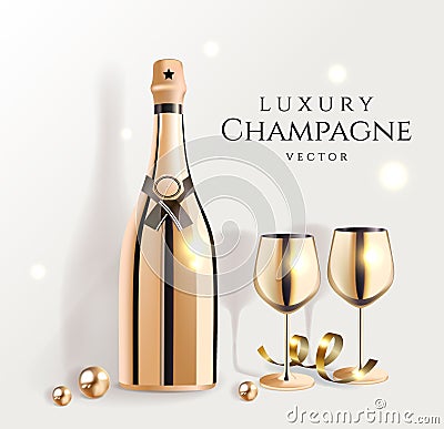 Gold champagne bottles with wine glasses, luxury festive alcohol products for celebration, vector illustration. Vector Illustration