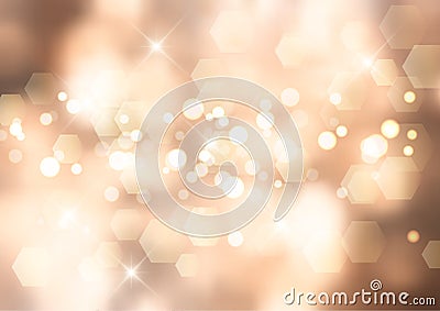 Gold Christmas background with bokeh lights and stars Vector Illustration