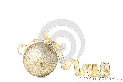 Gold Christmas ball with ribbon on white background Stock Photo