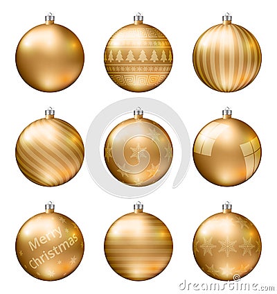 Gold christmas balls isolated on white background. Photorealistic high quality vector set of christmas baubles. Vector Illustration