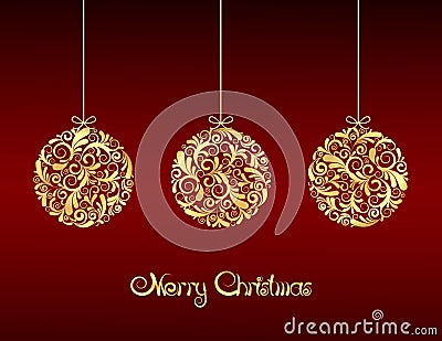 Gold Christmas balls on red background. Vector Illustration