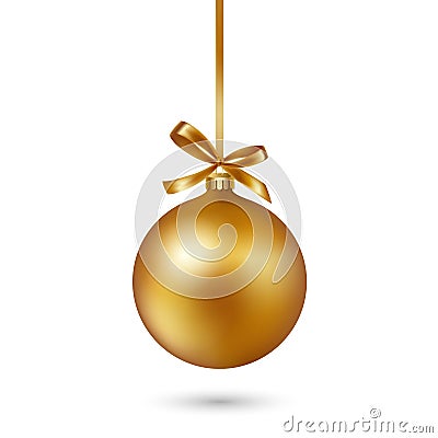 Gold Christmas ball with ribbon and bow on white background. Vector illustration. Vector Illustration