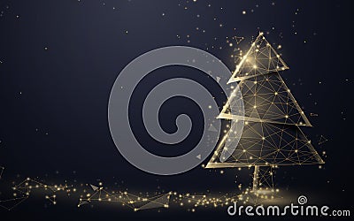 Gold christmas tree and Sparkling lights garland from lines, triangles and particle style design. Illustration vector Vector Illustration