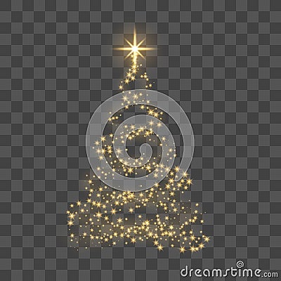 Gold Christmas tree on transparent background Happy New Year Vector illustration Vector Illustration