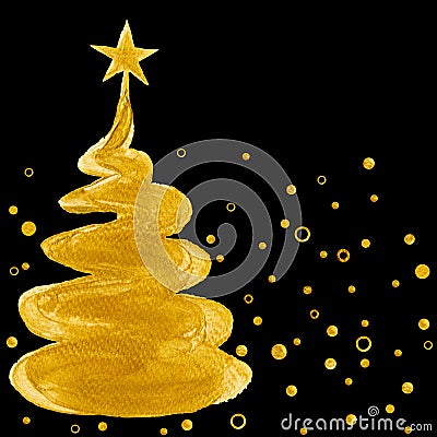 Gold Christmas trees with star and snowfall.Confetti Gold color Christmas tree watercolor illustration isolated on black backgroun Cartoon Illustration