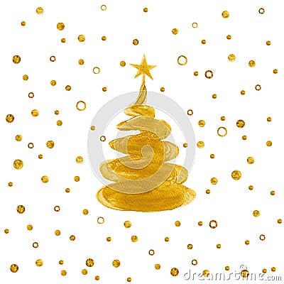 Gold Christmas trees with star and snowfall.Confetti Gold color Christmas tree watercolor illustration isolated on white backgroun Cartoon Illustration