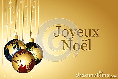 Gold christmas wallpaper with colorful globe baubles. Golden garlands and sparkle vector background. French text Illustration. Vector Illustration