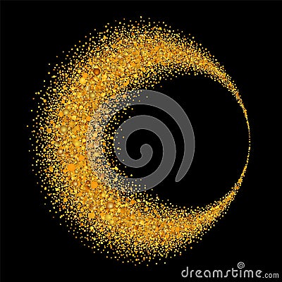 Gold circle. Light glitter effect. Golden ring, isolated black background. Ellipse magic element. Foil texture Vector Illustration