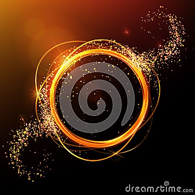 Gold circle light tracing. Energy brilliant round frame. Magic lights and flashes, fire ring trace. Sparkle swirl trail effect. Vector Illustration