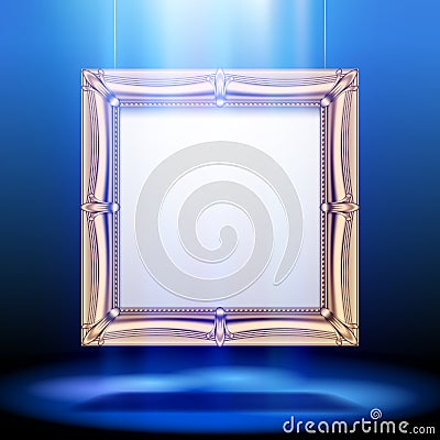 Gold classic square frame in blue light Vector Illustration