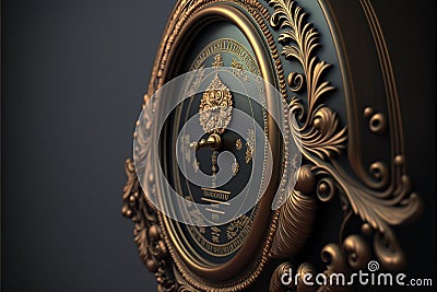 a gold clock with a black background and a gold frame around it's face and hands and a golden clock Stock Photo