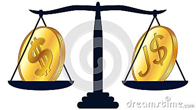 Gold coin of American dollar USD and Jamaican dollar JMD on scales isolated on white background. Laws on digital assets CBDC. Vector Illustration