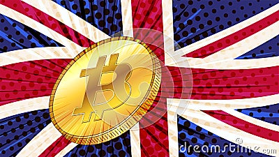 Gold coin of Bitcoin BTC and colored flag of Great Britain on background. Central Bank of England adopts laws on mining and Vector Illustration