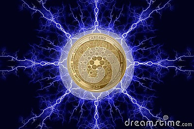 Gold coin cardano cryptocurrency physical concept on a dark background with lightning around. 3D rendering Editorial Stock Photo