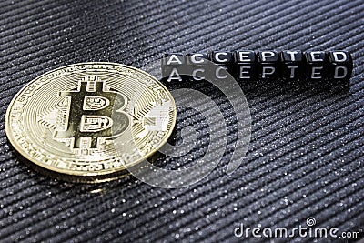 Gold coin cryptocurrency bitcoin and accepted Stock Photo