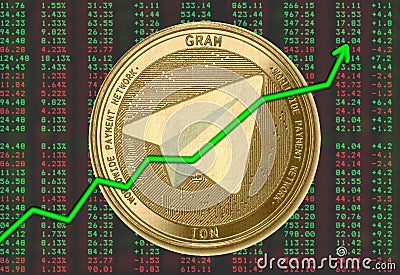 Gold coin Cryptocurrency gram, ton, Round on phono-erased numbers and an upward graph Stock Photo