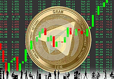 Gold coin Cryptocurrency gram, ton, Round on phono-erased numbers and an upward graph. Silhouettes of office workers Stock Photo