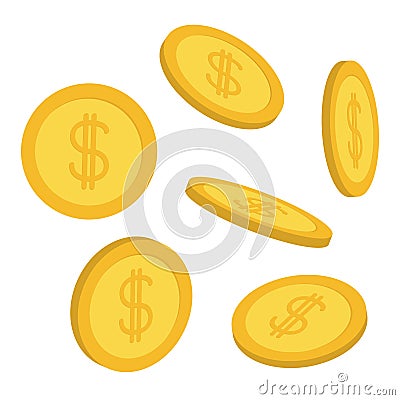 Gold coin 3D icon set. Flying falling down cash money rain. Dollar sign symbol. Income and profits. Business finance concept. Whit Vector Illustration