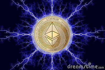 Gold coin etherium cryptocurrency physical concept on a dark background with lightning around. 3D rendering Stock Photo