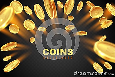 Gold coin explosion. Golden dollar coins rain. Game prize money splash. Casino jackpot vector concept isolated on black Vector Illustration