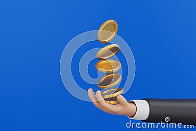 Gold coin falling into businessman hand business take profit, 3D rendering Stock Photo