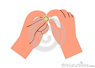 Gold coin in fingers. Hands giving and receiving money bonuses, change, financial help, gift and support. Savings Vector Illustration