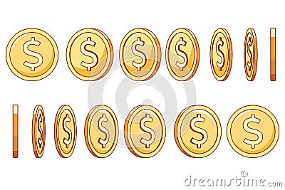 Gold coin gradual rotating. Dollar sign different positions, frame by frame spin animation, various angles view, golden Stock Photo