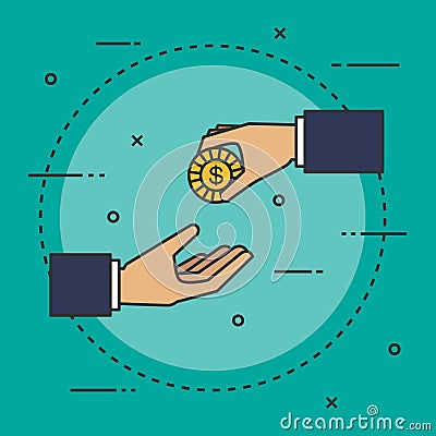 Gold coin in hand businessman isometric design. Concept of charity, donate. Vector image. Vector Illustration