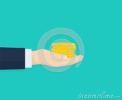 Gold coin in hand businessman isometric design. Rich people. Giving, receiving take money. Concept of charity. Vector Vector Illustration