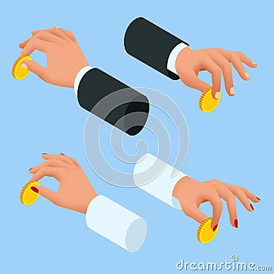 Gold coin in hands businessman and woman isometric design. Hands holding money, money payment, investment concept. Vector Illustration