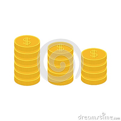 Gold coin stacks icon in shape of diagram. Dollar sign symbol. Cash money. Growing business concept. Going down graph. Income and Vector Illustration