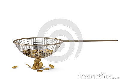 Gold coin on strainer.3D illustration. Cartoon Illustration