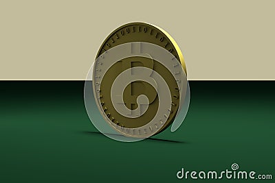 Gold coin with the symbol of digital crypto currency bitcoin stands on the end on a green table, 3d rendering. Stock Photo