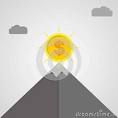 Gold coin on top of mountain. Business success concept. Flat design. Vector Illustration