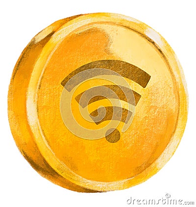 Gold coin with wifi ymbol currency hand drawn illustration Cartoon Illustration