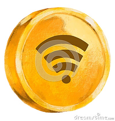 Gold coin with wifi ymbol currency hand drawn illustration Cartoon Illustration