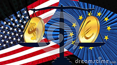 Gold coins of american dollar USD and Euro EUR on scales with colored national flags of America and Europe. Exchange rates are Vector Illustration
