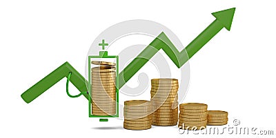 Gold coins with battery and financial graph isolated on white background 3D illustration Cartoon Illustration