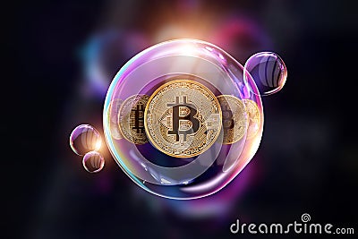 Gold Coins Bitcoin in a soap bubble. The concept of instability of the crypto currency, electronic money, the burning of the Stock Photo