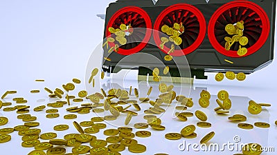 Gold coins with bitcoin symbol are pouring out of a 3D model of a video card on a white background. the concept of mining Stock Photo