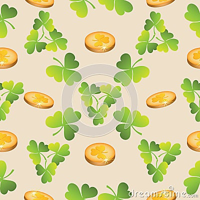 Gold coins and clover leaves. Vector Illustration