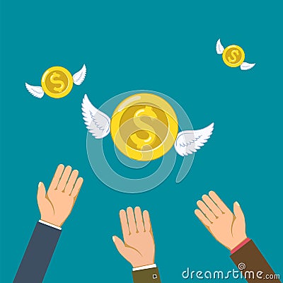 Gold coins currency dollar with wings fly away Vector Illustration