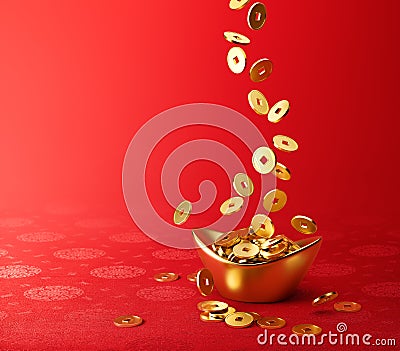 Gold Coins Dropping on Gold Sycee - Yuanbao Stock Photo